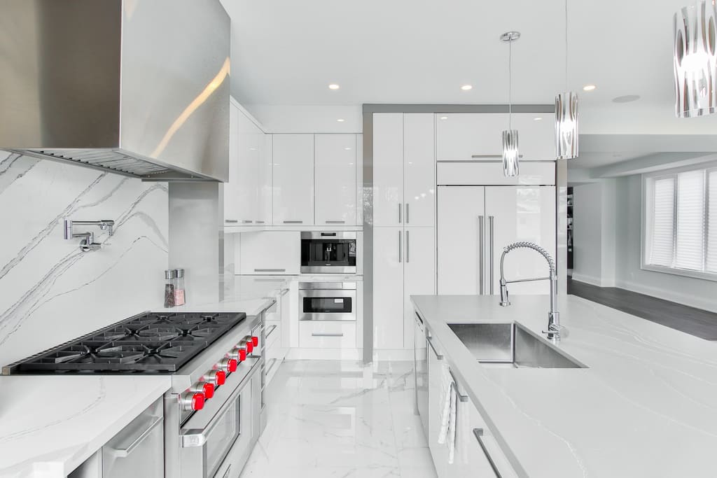 Stainless steel kitchen surfaces, shelving and operational supplies